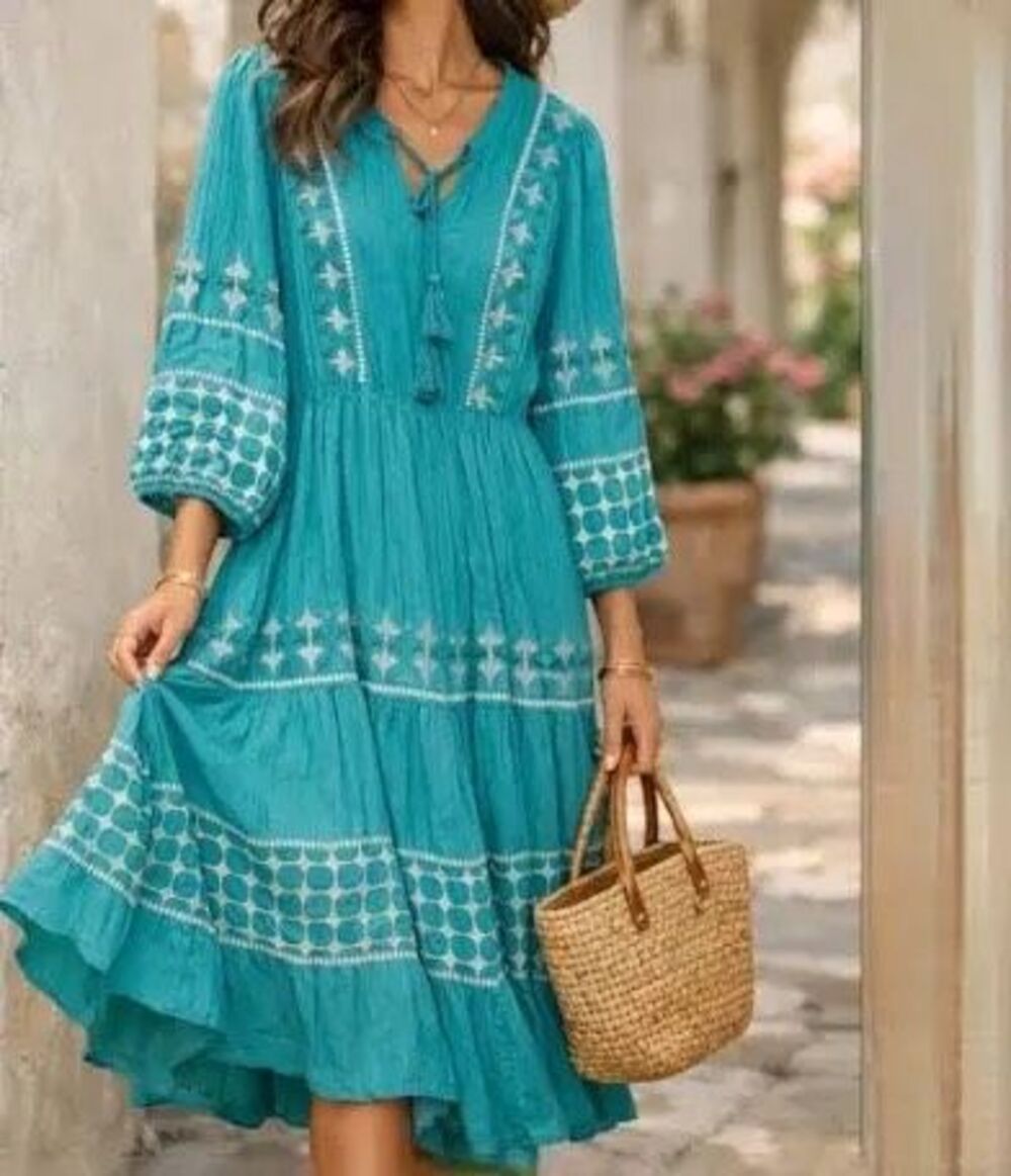 ✨Nurture Embroidered Pintuck Boho Green & White Maxi Sz Large Dress✨